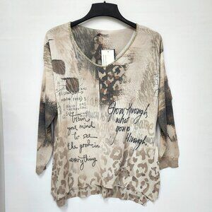 Angela Mara Women's Cappuccino V-Neck Pullover Print Top Size S/M